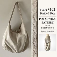 "**This is a PDF Pattern instant download with instructions. No physical item will be shipped to you** Create this fashionable tote with a braided strap! Fully lined, internal pocket, oval shaped bottom with six pleats and button closure. Compact for easy storage as seen in photo. STYLE#: 102 - Braided Tote bag  SIZE: See last photo for dimensions DETAILS: Button & loop closures, two braided straps  SEWING LEVEL: Beginner PDF PATTERN: Prints on 8 1/2\" x 11\" (A4) letter size paper INSTRUCTIONS: Boho Bags Diy, Sew Patterns, Tote Bag Size, Photo Style, Braided Strap, Boho Bag, Sewing Bag, Pdf Sewing Patterns, Mini Books