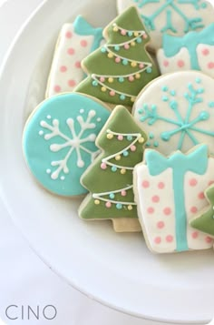 decorated christmas cookies on a white plate