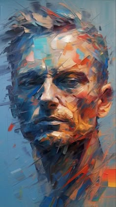 a painting of a man's face with many different colors and shapes on it