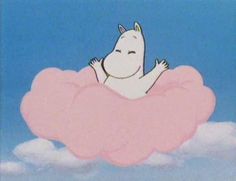 a cartoon character floating on top of a pink cloud