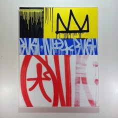 an abstract painting with various colors and symbols on it's side, including the word king written in chinese