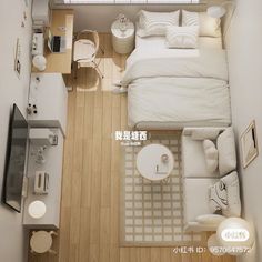 an overhead view of a small bedroom and living room