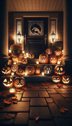 pumpkins lit up in front of a fireplace