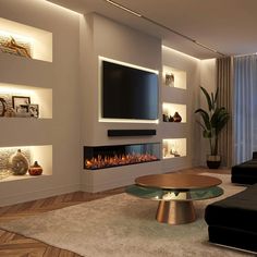 modern living room with fireplace and large screen tv