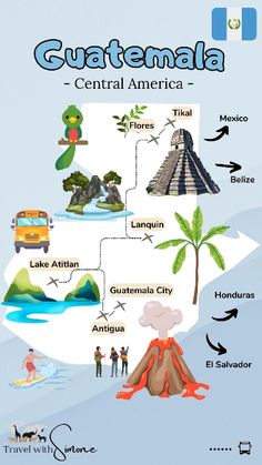 a map with the names and pictures of different places in guatemala, including volcanos, water