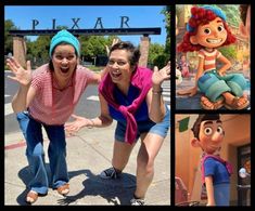 two women are posing for pictures in front of pixar