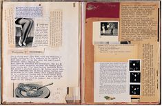 an open book with pictures and text on the pages, including images of women in stockings