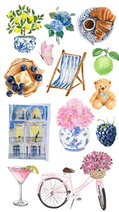 watercolor painting of various items including flowers, vases, and other things on a white background