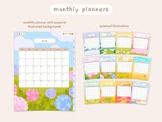 the month planner with flowers and clouds on it is shown in three different colors, including blue