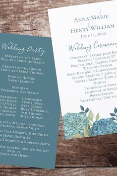 Wedding program ceremony service double-sided card with blue hydrangea Wedding Ceremony Template, Minimalist Wedding Ceremony, Solid Blue Background, Wedding Party List, Ceremony Template, Hydrangea Design, Simple Minimalist Wedding, Ceremony Details