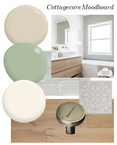 moodboard with sage green, beige and white paint colours, timber floor with knots and sage green wall tiles in herringbone pattern Pale Green Tile Bathroom, Green Beige Bathroom Ideas, Sage Green And Neutral Bathroom, Grey And Sage Bathroom Ideas, Green And Stone Bathroom, Sage Green And Marble Bathroom, Cream Green Bathroom, Sage Green Spa Bathroom