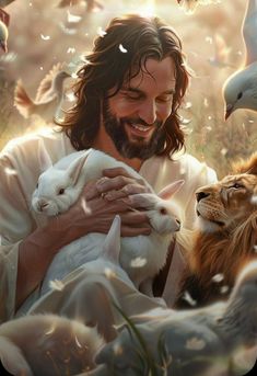 jesus holding two rabbits in his arms surrounded by birds and other animals on the ground