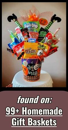 a basket filled with candy and candies on top of a table