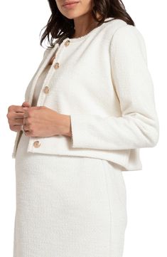 This sophisticated blazer is crafted from tactile tweed in a cropped bump-cradling silhouette. Front button closure Jewel neck Decorative flap pockets Lined 73% polyester, 23% cotton, 4% elastane Machine wash, line dry Imported Elegant Cream Cropped Jacket For Work, Chic White Tweed Jacket With Button Closure, Chic Cream Tweed Blazer, Maternity Dress Outfits, Maternity Coat, Baby Shower Dresses, Nursing Dress, Tweed Blazer, Jewel Neck