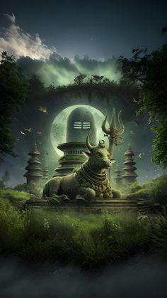 an animal statue sitting on top of a lush green field under a full moon filled sky