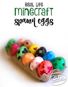 an egg carton filled with colorful painted eggs and the words minecraft easter eggs