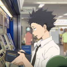 an anime character is looking at something in the distance while standing next to a vending machine