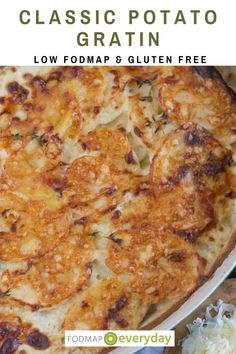 a close up of a plate of food with text overlay reading classic potato gratin low fodmap gluten free