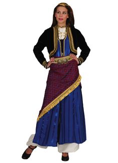 This outfit is imported from Greece and made by the premiere manufacturer of traditional Greek costumes. This traditional dancing costume is a favorite amongst dancing troupes and churches. This outfit ships direct from Greece. Please allow 1-2 weeks for arrival of outfit. This woman's costume consists of velvet vest, dress chestcover, traditional trousers (salvari), waist scarf, and typical hat with coins.(Note: The necklace and traditional belt are sold separately.) Women Sizing Reference: Siz Costumes For School, Parade Costumes, Greek Traditional Dress, Parade Outfit, Folklore Costume, Blue Costume, Greek Costume, Blue Costumes