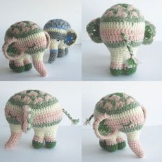 four pictures of small crocheted elephants with hats on their heads and tusks