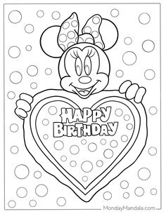 mickey mouse holding a happy birthday heart coloring page