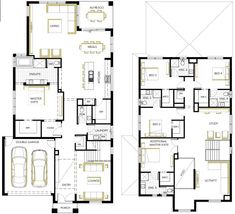 two story house plans with garage and living room in the middle, one bedroom on each floor