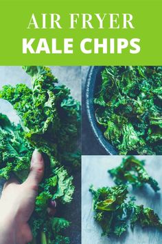 broccoli is being cut into pieces and placed on a cutting board with the words air fryer kale chips