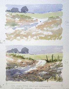 three different watercolors are shown on paper