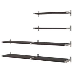 three black shelves with metal brackets on each shelf