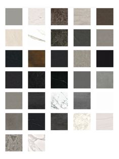 the different colors of marble tiles are shown in multiple rows, each with black and white accents