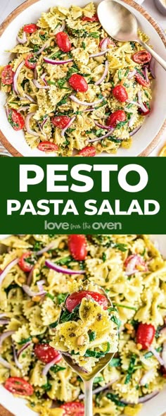 pesto pasta with tomatoes and onions in a white bowl