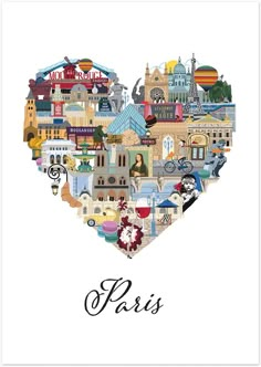 a heart shaped shape with the word paris in it's center and lots of different buildings