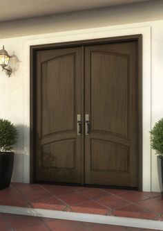 two potted plants sit on the side of a building with wooden doors and windows