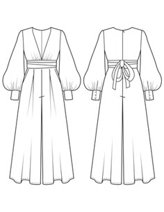 the front and back views of a dress with long sleeves, tied at the waist