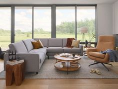 a living room filled with lots of furniture and large windows overlooking an open grassy field