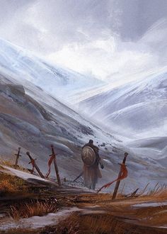 a painting of people walking up a hill in the snow with mountains in the background