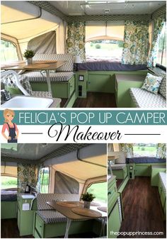 the inside of a camper with green walls and wood flooring, including a kitchen area