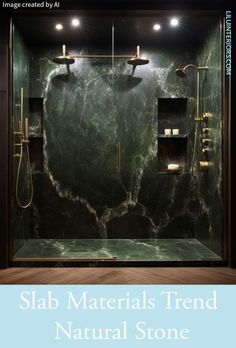 a bathroom with green marble and gold fixtures, including the shower area is surrounded by dark wood