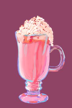 a painting of a pink drink with whipped cream and sprinkles on top