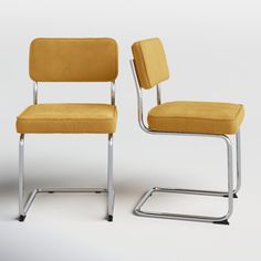 two yellow chairs sitting next to each other on a white surface with no one in it