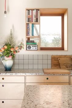 the kitchen counter is clean and ready to be used as a place for cooking food