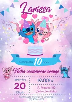 a birthday party flyer with two cartoon characters on the front and one in the back