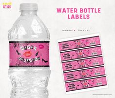 water bottle labels for birthday party with pink and black designs on the label are shown