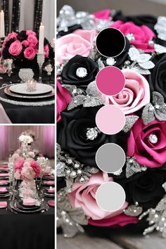 the table is decorated with black, pink and silver flowers