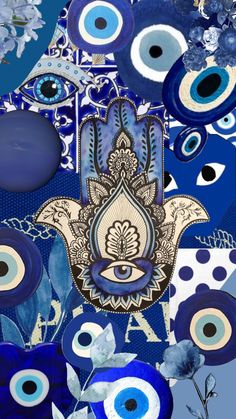 an abstract painting with blue and white designs on it's face, surrounded by evil eyes