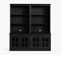 a black bookcase with two doors and drawers