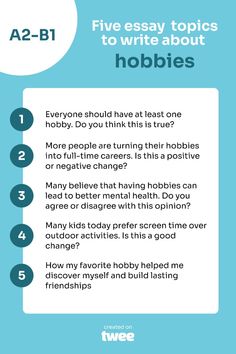 Encourage your ESL students to explore their thoughts on hobbies with these engaging essay prompts. Perfect for pre-intermediate and intermediate ESL students! 📚✍️ Follow the link to generate more essay prompts on different topics.   #ESL #TeachEnglish #EssayWriting #Hobbies #ESLLearning #EnglishEducation #CreativeWriting #StudentEngagement #ESLEssayTopics #ESLWritingSkills Esl Writing, Esl Learning, Ielts Speaking, English Time, Grammar Tips, English Games, English Classroom