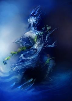 an artistic painting of a woman in blue water