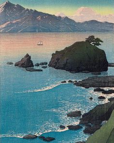 an image of a boat sailing on the water near some rocks and mountain range in the background