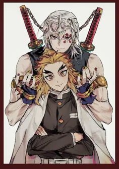 two anime characters with swords on their shoulders